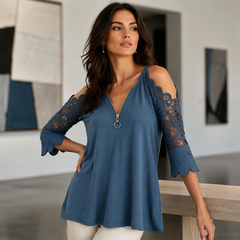 Must-Have🔥 Lace Cold Shoulder Top with Zipper – Edgy Detail & Breathable Fabric for Effortless Style ✨
