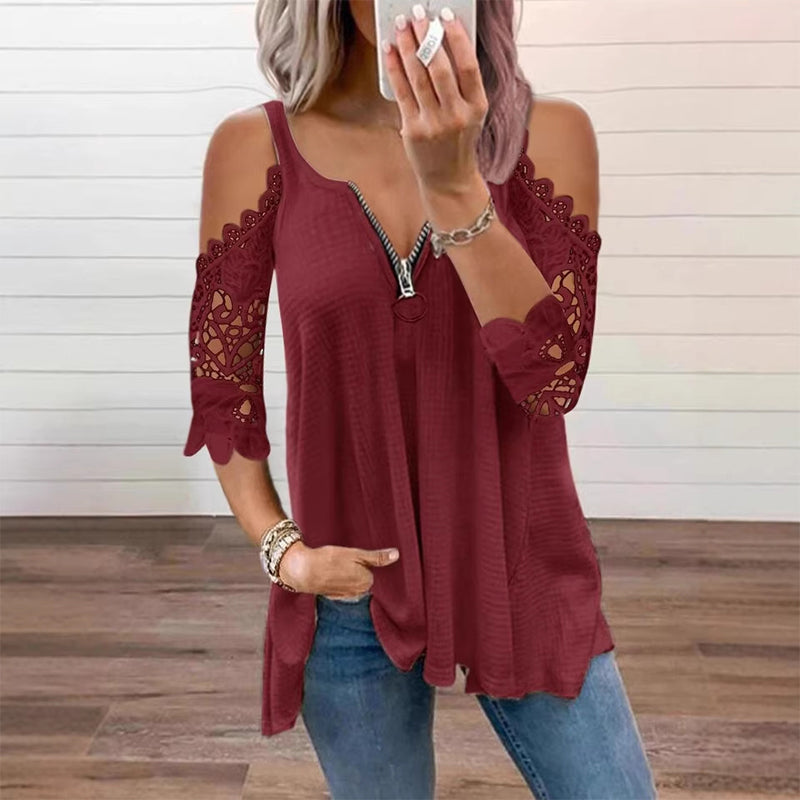 Must-Have🔥 Lace Cold Shoulder Top with Zipper – Edgy Detail & Breathable Fabric for Effortless Style ✨