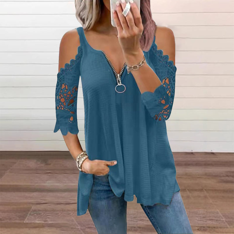 Must-Have🔥 Lace Cold Shoulder Top with Zipper – Edgy Detail & Breathable Fabric for Effortless Style ✨