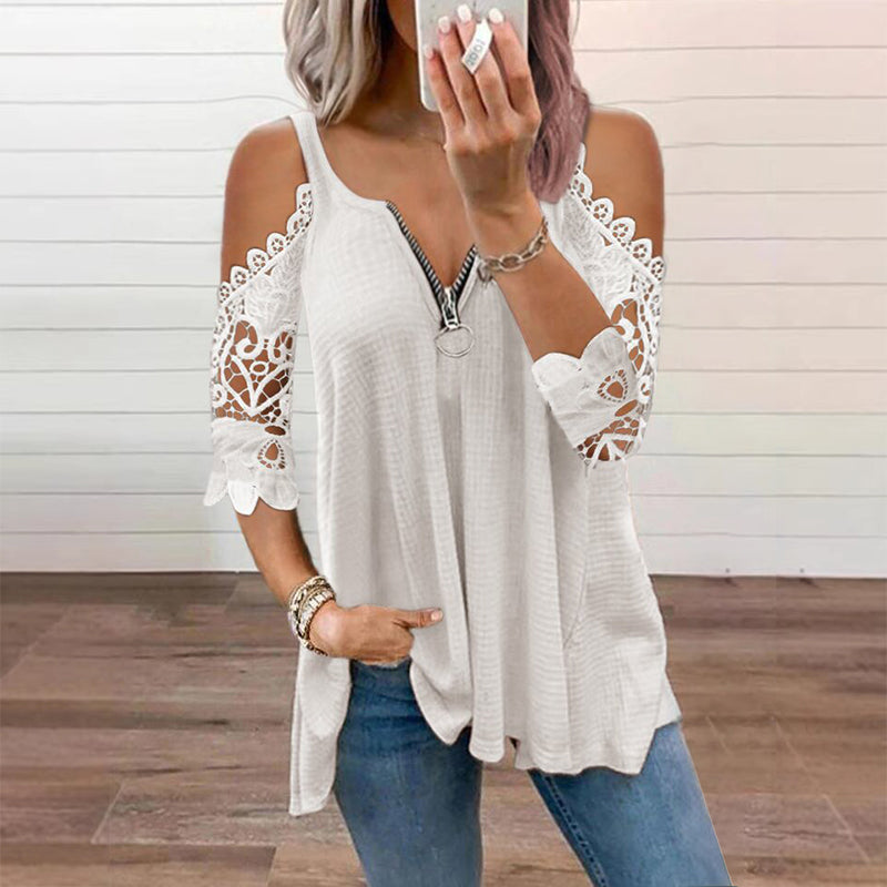 Must-Have🔥 Lace Cold Shoulder Top with Zipper – Edgy Detail & Breathable Fabric for Effortless Style ✨
