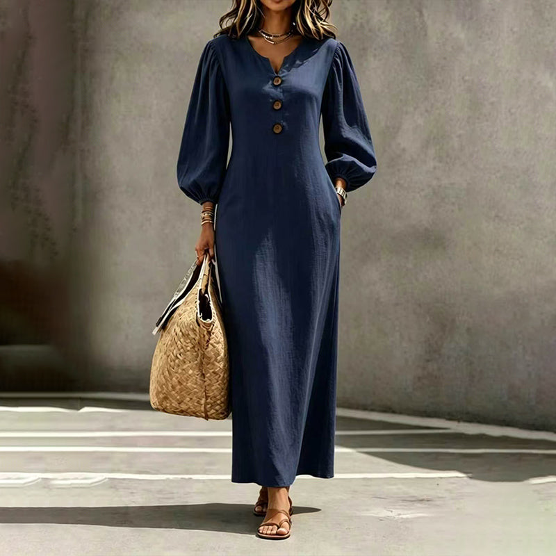 Women's Casual V-Neck Maxi Dress with Puff Sleeve