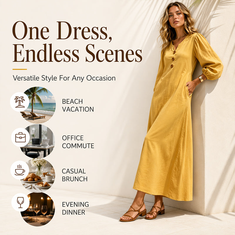 Women's Casual V-Neck Maxi Dress with Puff Sleeve