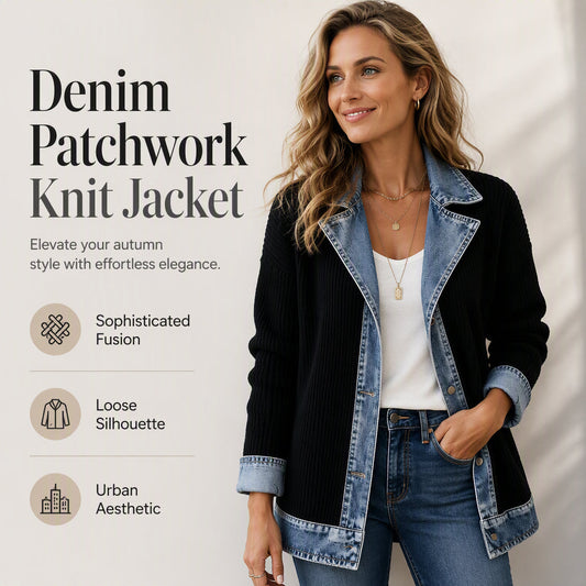 ⌛Limited-time offer-Women’s Elegant Denim Spliced Ribbed Knit Coat