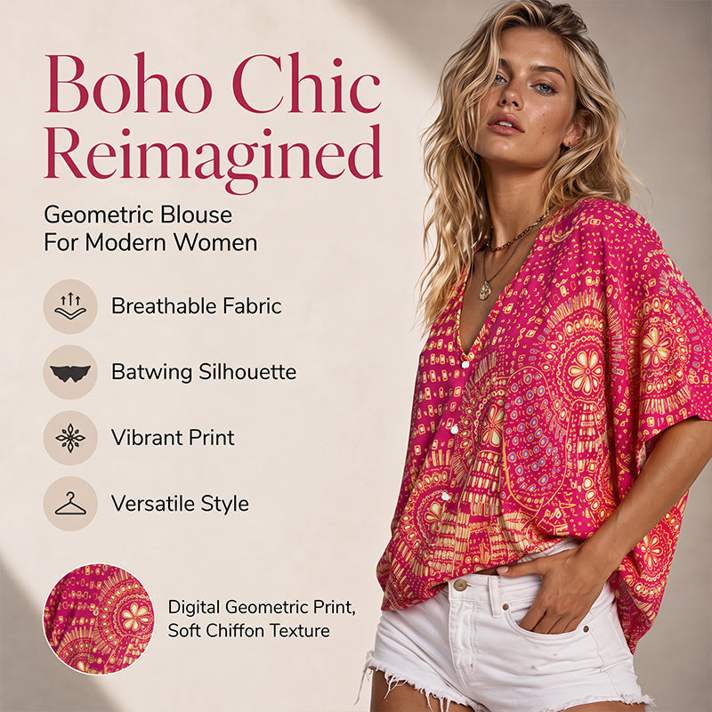 Trending Now⭐👚 Boho Print Batwing Sleeve Top – Flowing V-Neck & Effortless Bohemian Style