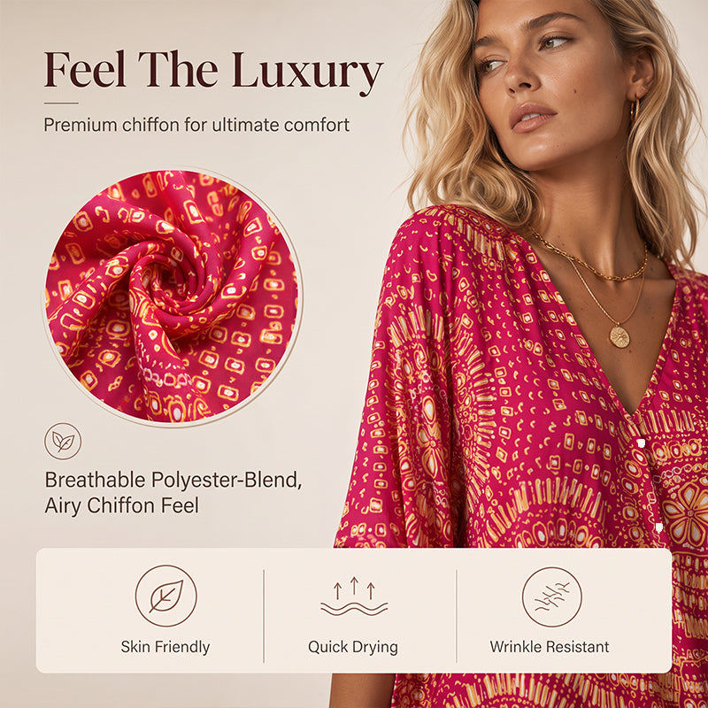Trending Now⭐👚 Boho Print Batwing Sleeve Top – Flowing V-Neck & Effortless Bohemian Style