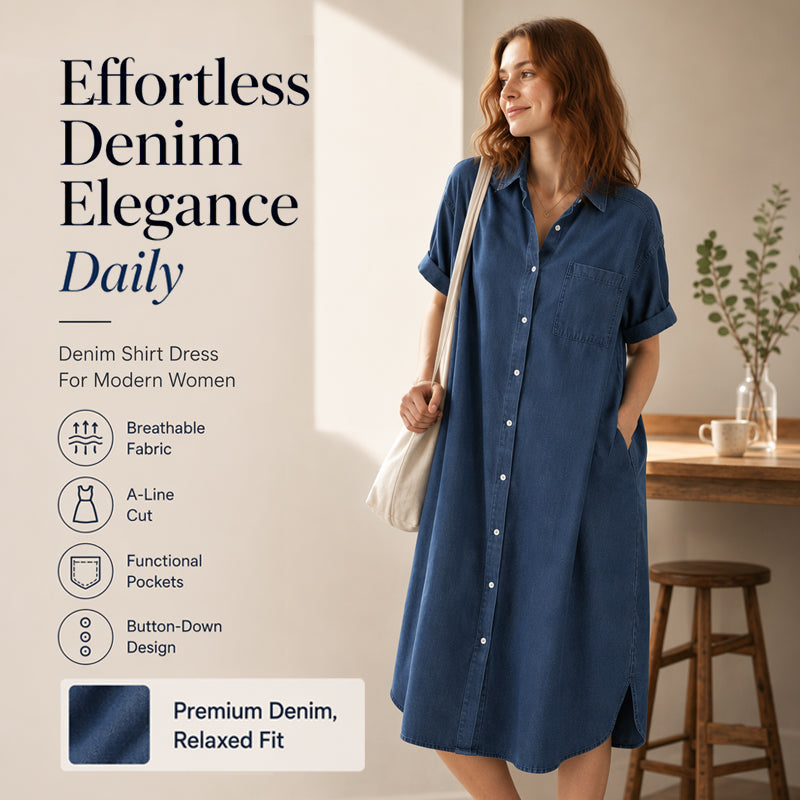 ✨Loose-Fit Denim Dress with Button Placket – Timeless Wardrobe Staple for Weekends or Travel 🍃