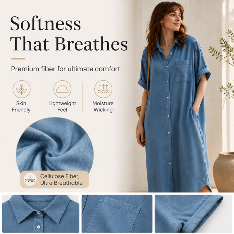 ✨Loose-Fit Denim Dress with Button Placket – Timeless Wardrobe Staple for Weekends or Travel 🍃