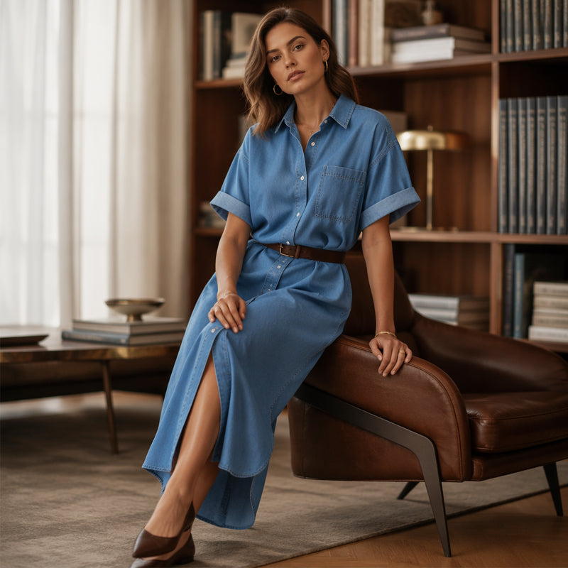 ✨Loose-Fit Denim Dress with Button Placket – Timeless Wardrobe Staple for Weekends or Travel 🍃