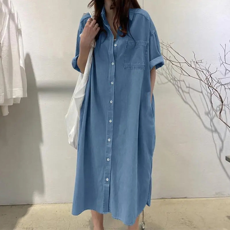 ✨Loose-Fit Denim Dress with Button Placket – Timeless Wardrobe Staple for Weekends or Travel 🍃