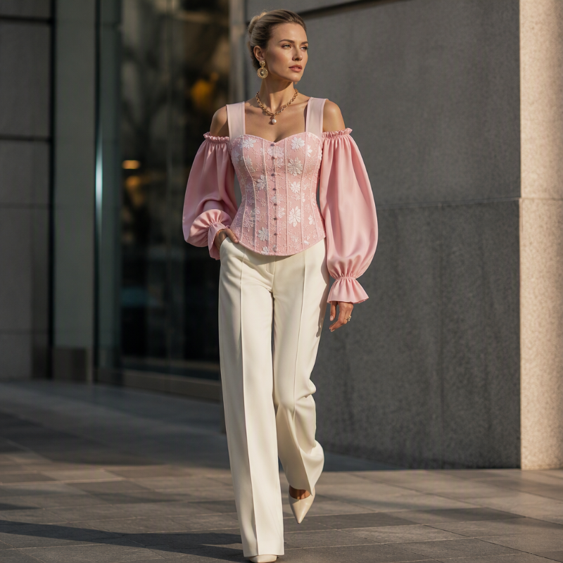 ✨ Women's Cold Shoulder Floral Jacquard Top – Elegant Corset Fit With Romantic Lantern Sleeves 🌸