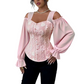 ✨ Women's Cold Shoulder Floral Jacquard Top – Elegant Corset Fit With Romantic Lantern Sleeves 🌸