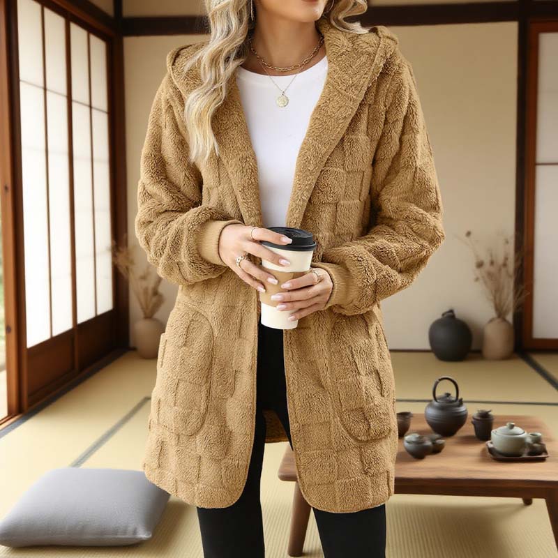 🌸 50% OFF NOW!Hooded Fluffy Fleece Cardigan, Textured Check Pattern Open Front Coat with Pockets