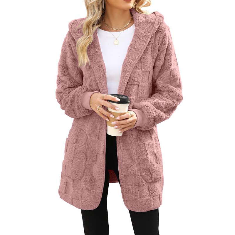 🌸 50% OFF NOW!Hooded Fluffy Fleece Cardigan, Textured Check Pattern Open Front Coat with Pockets