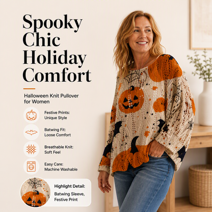 💖Black Friday Mega Deal – 50% off!💖🎃 Latest Design | Women's Halloween Pumpkin-Print Batwing Knit Sweater