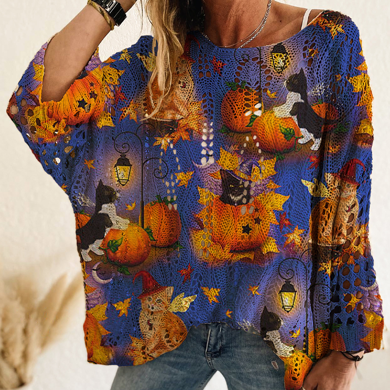 💖Black Friday Mega Deal – 50% off!💖🎃 Latest Design | Women's Halloween Pumpkin-Print Batwing Knit Sweater