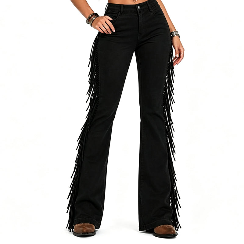✨ Western Statement Style | Women's High-Waist Flare Jeans with Side Fringe