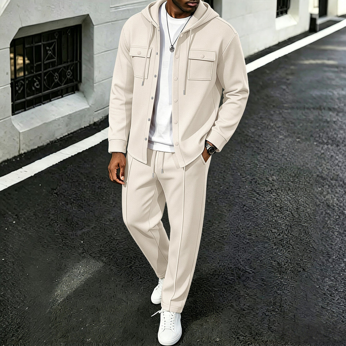 🧥Relaxed Sporty, Multi-Occasion – Men's Waffle Hooded Jacket & Pants Set ✨