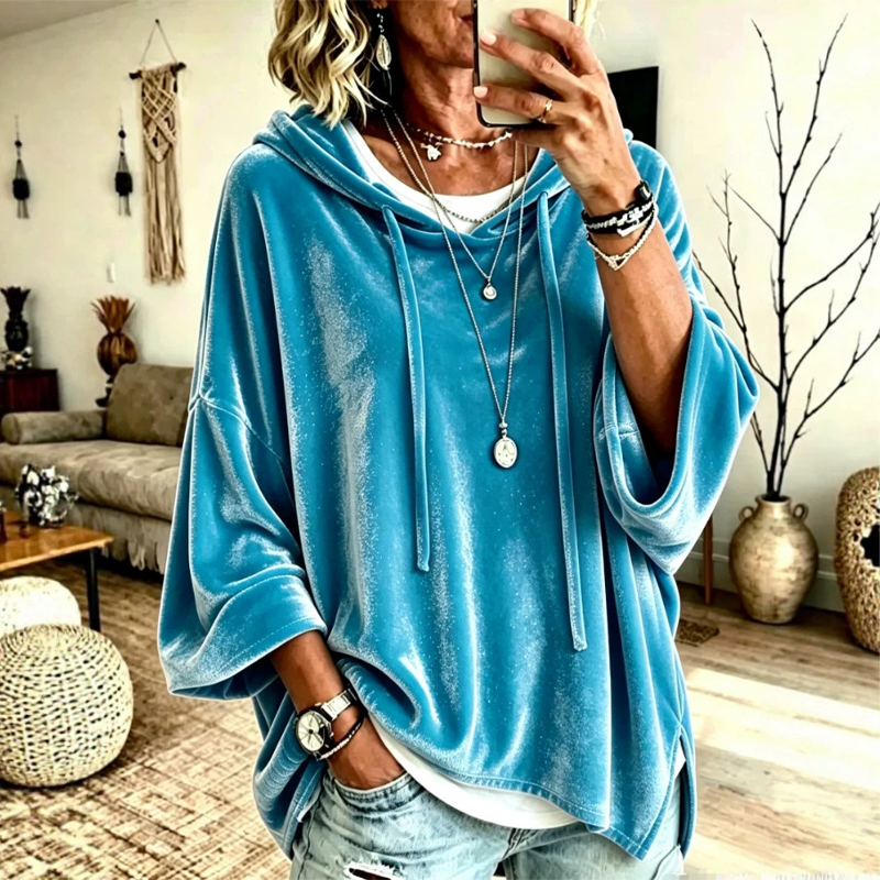 ✨ Velvet Comfort, Relaxed Style | Women's Drawstring Pullover Sweatshirt