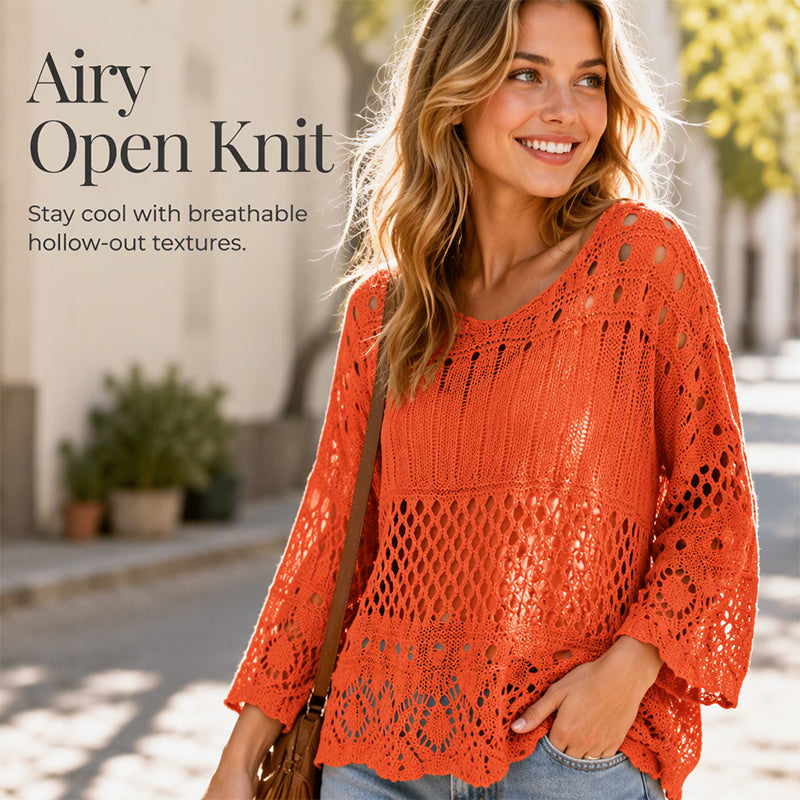 🧶 Airy Crochet Texture, Relaxed Fit | Women's Hollow-Out Knit Sweater