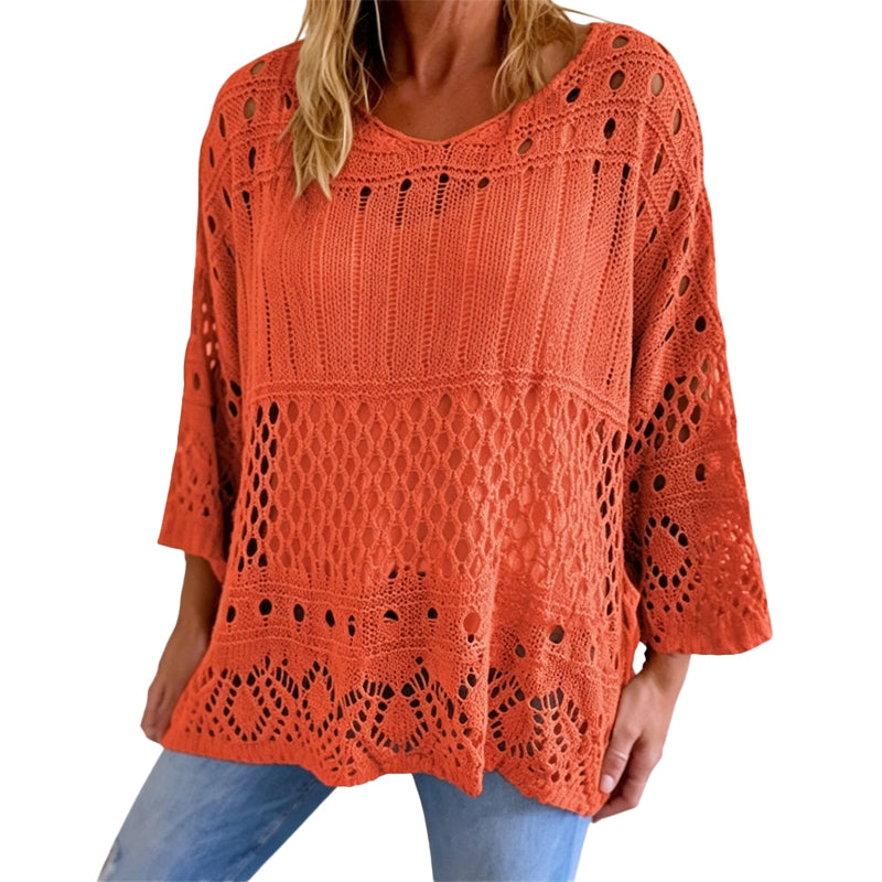 🧶 Airy Crochet Texture, Relaxed Fit | Women's Hollow-Out Knit Sweater