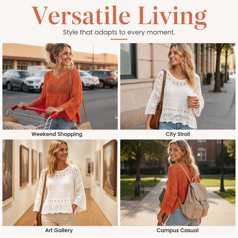 🧶 Airy Crochet Texture, Relaxed Fit | Women's Hollow-Out Knit Sweater