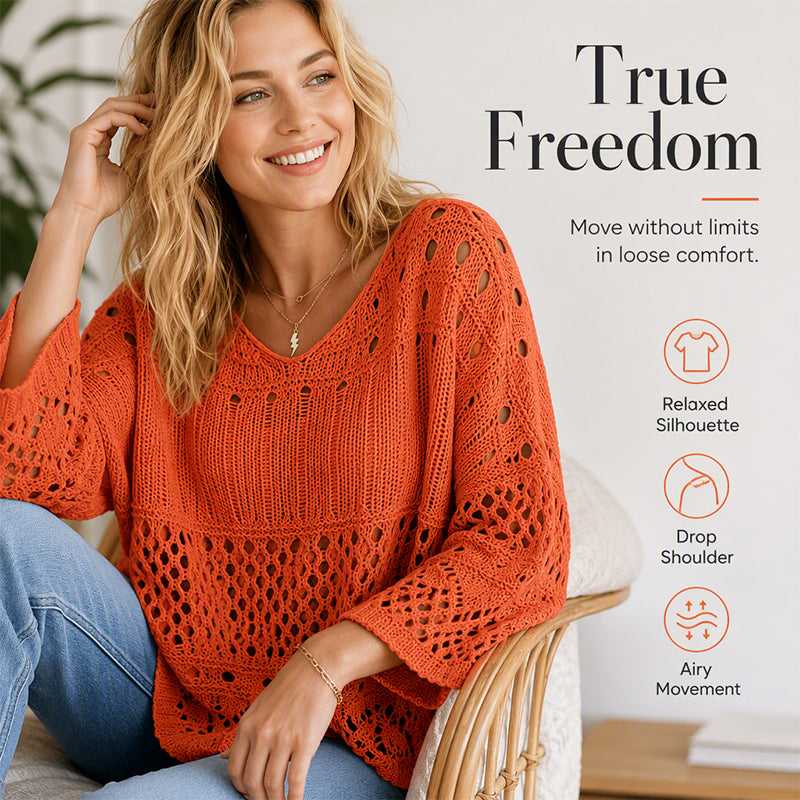🧶 Airy Crochet Texture, Relaxed Fit | Women's Hollow-Out Knit Sweater