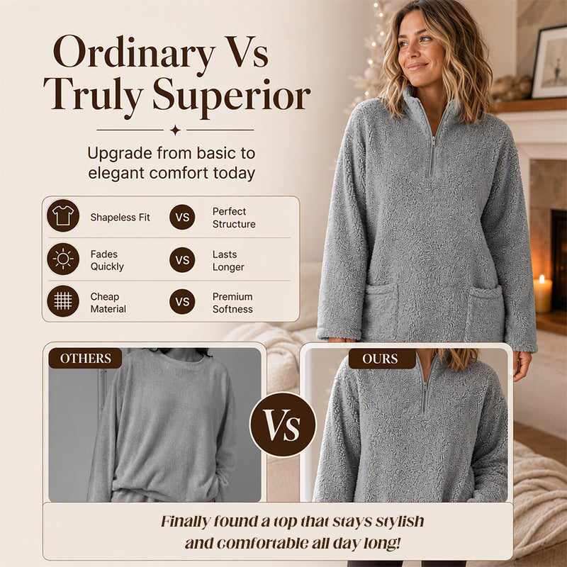 🧸 ☁️ Women's Half-Zip Plush Sweatshirt with Pockets