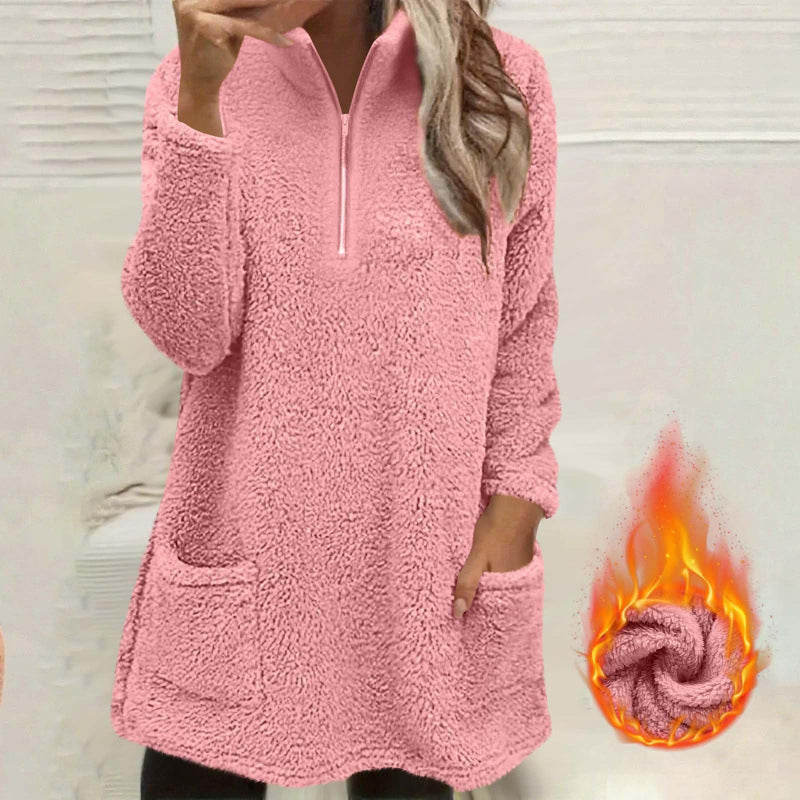 🧸 ☁️ Women's Half-Zip Plush Sweatshirt with Pockets