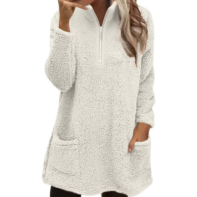 🧸 ☁️ Women's Half-Zip Plush Sweatshirt with Pockets