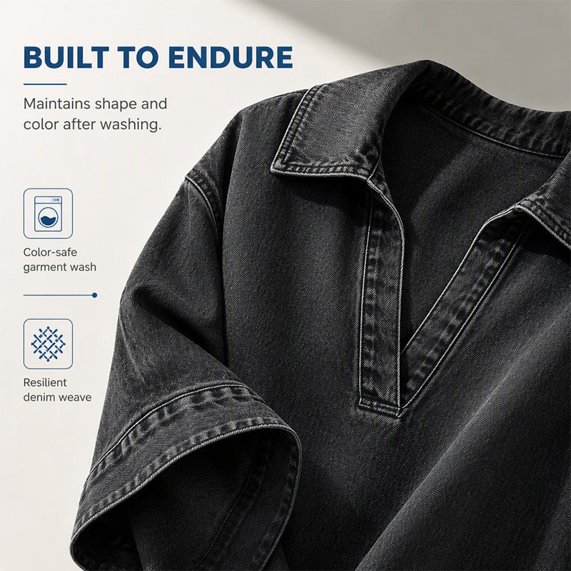 💙 Relaxed Denim Style | Women's Oversized Washed Denim Batwing V-Neck Blouse