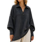 💙 Relaxed Denim Style | Women's Oversized Washed Denim Batwing V-Neck Blouse