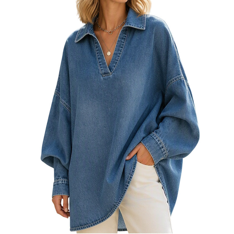 💙 Relaxed Denim Style | Women's Oversized Washed Denim Batwing V-Neck Blouse