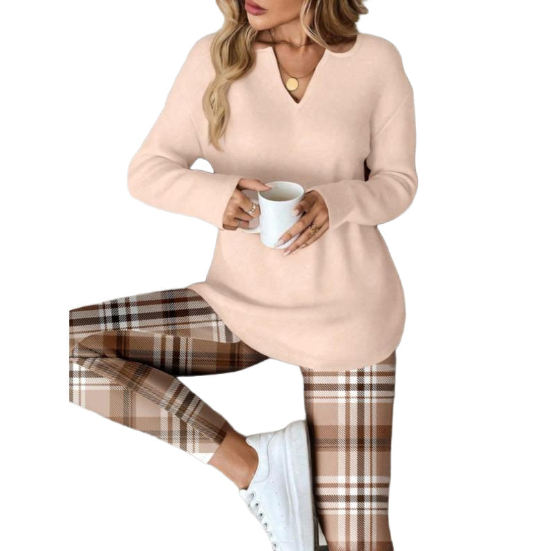 🎀 2 Pieces, Zero Matching Stress | Women's Knit Top & Plaid Leggings Set