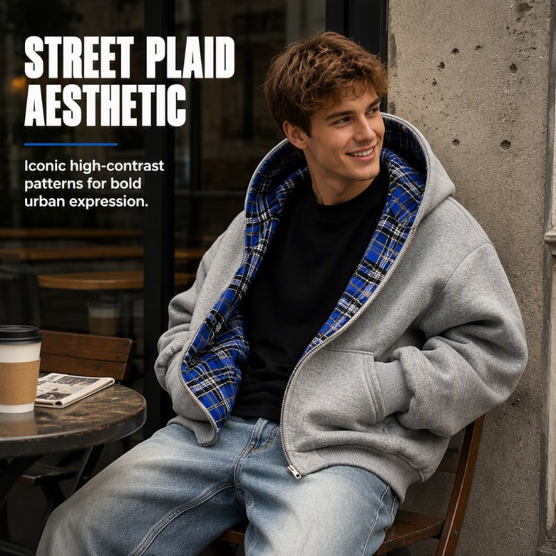 Free Shipping|Unisex Reversible Plaid Zipper Hooded Jacket