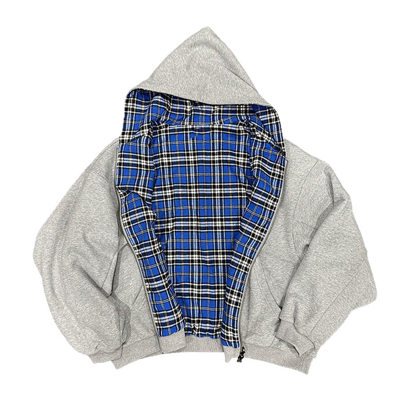 Free Shipping|Unisex Reversible Plaid Zipper Hooded Jacket