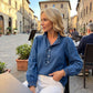 Women's Ruffle Collar Puff Sleeve Denim Top