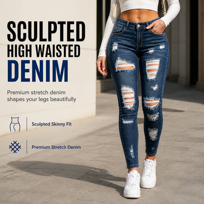 Women's High Waisted Ripped Skinny Jeans Distressed Stretch Denim Pants