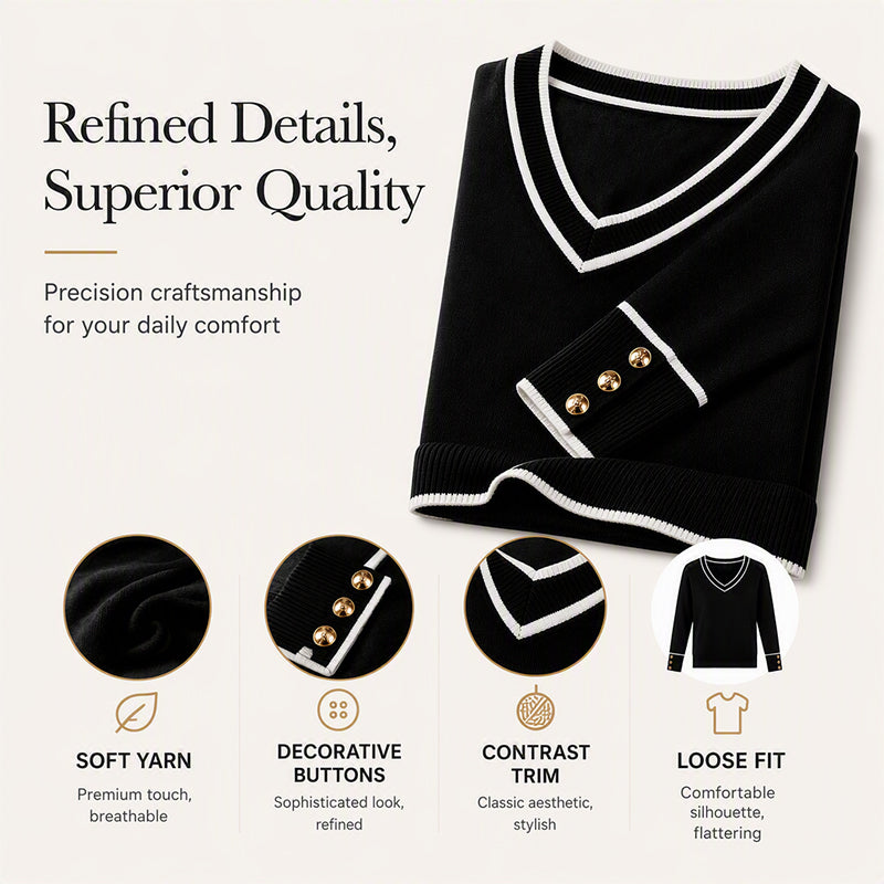 🧶 Contrast Trim, Flattering V-Neck | Women's Elegant Knit Top