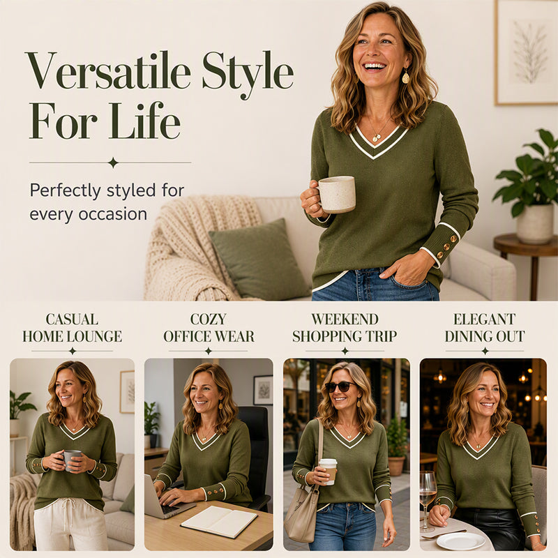 🧶 Contrast Trim, Flattering V-Neck | Women's Elegant Knit Top