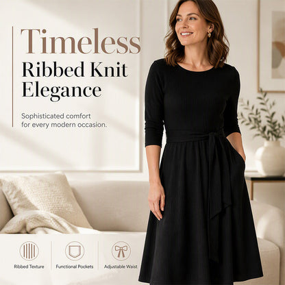 🔥50% OFF✨ Women’s Ribbed Knit A-Line Midi Dress – Tie Waist & Pockets