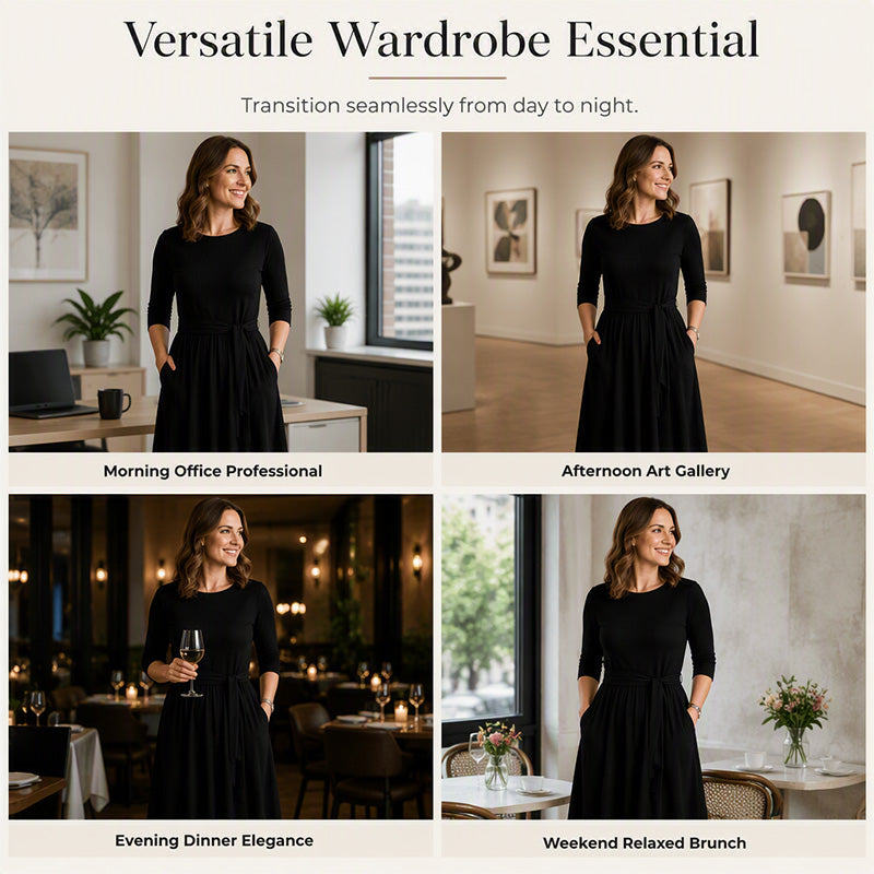 🔥50% OFF✨ Women’s Ribbed Knit A-Line Midi Dress – Tie Waist & Pockets