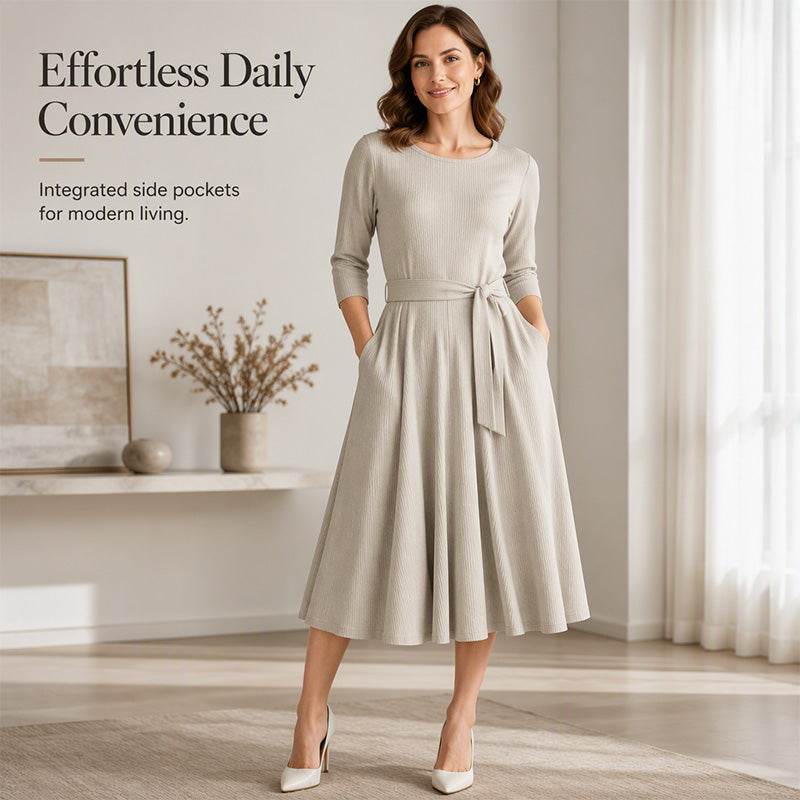 🔥50% OFF✨ Women’s Ribbed Knit A-Line Midi Dress – Tie Waist & Pockets