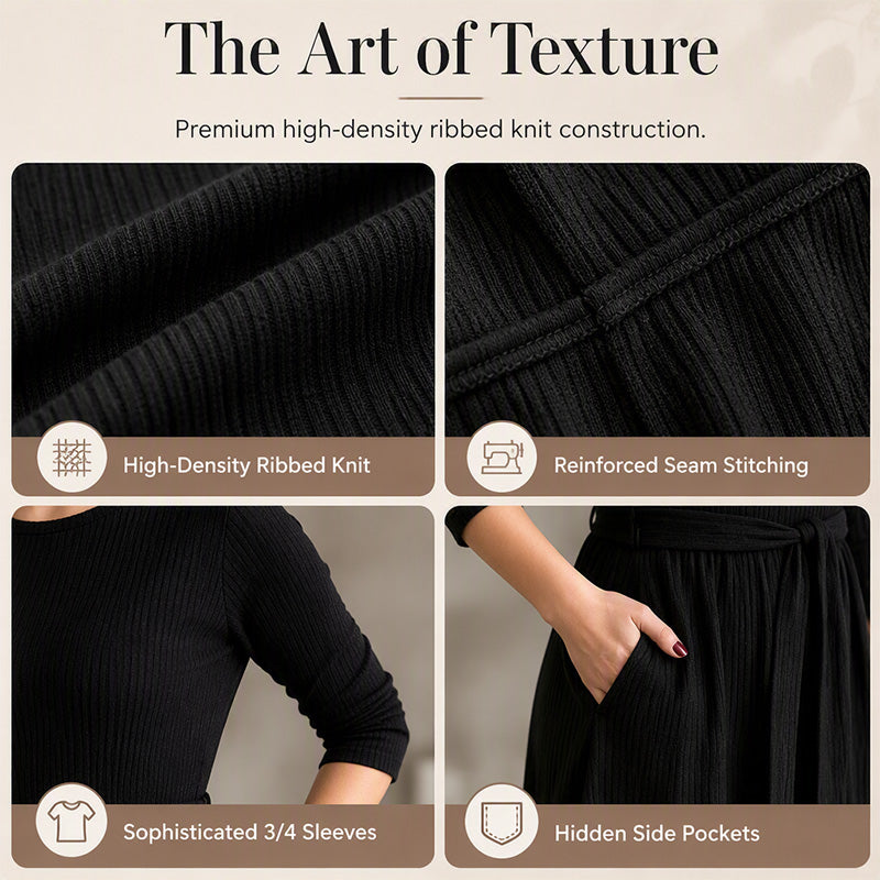 🔥50% OFF✨ Women’s Ribbed Knit A-Line Midi Dress – Tie Waist & Pockets