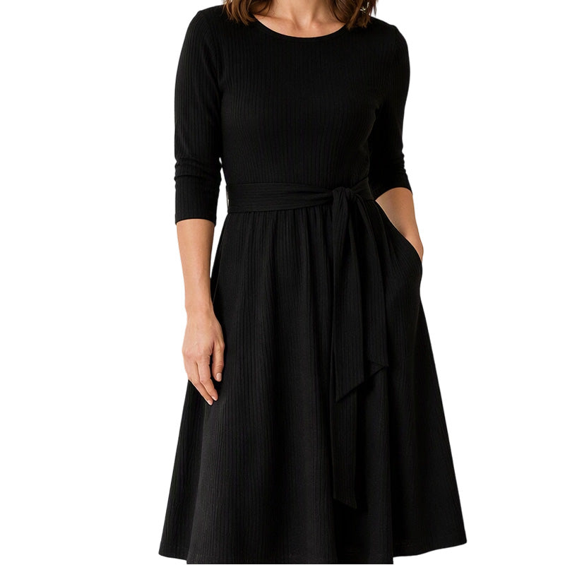 🔥50% OFF✨ Women’s Ribbed Knit A-Line Midi Dress – Tie Waist & Pockets