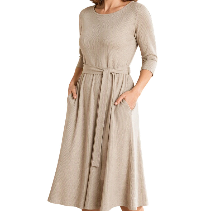 🔥50% OFF✨ Women’s Ribbed Knit A-Line Midi Dress – Tie Waist & Pockets