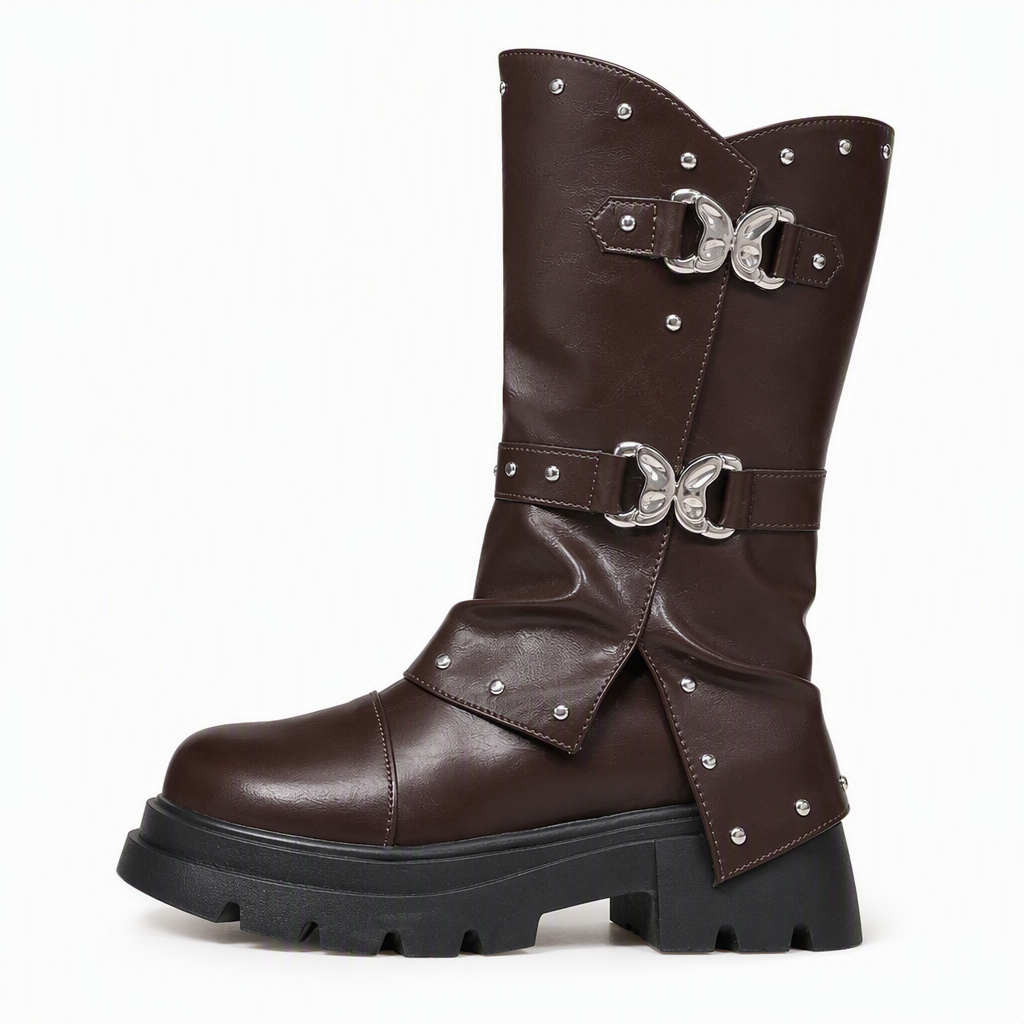 Women's Platform Mid Block Heel Ankle Boots with Round Toe Stitching Fold-Over Cuff and Buckle Strap