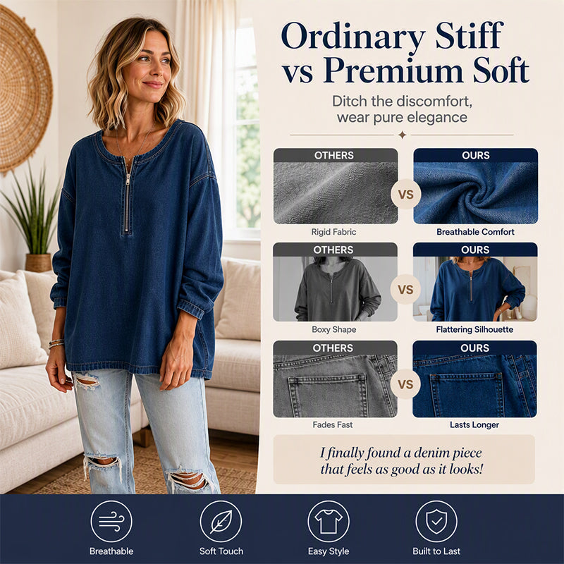 Women's Long Sleeve Half-Zip Denim Pullover