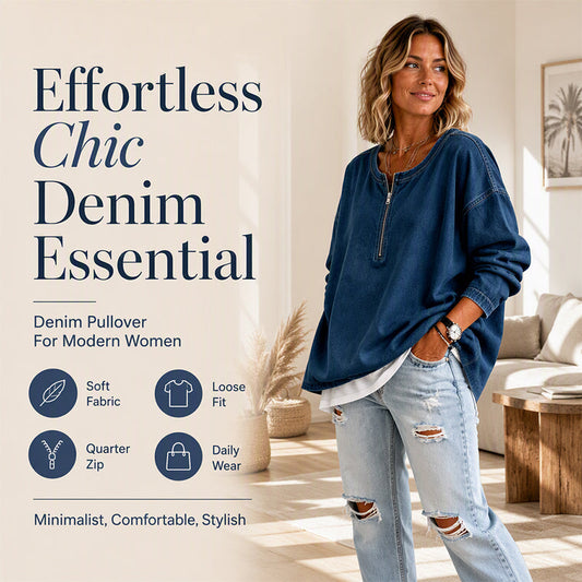 Women's Long Sleeve Half-Zip Denim Pullover