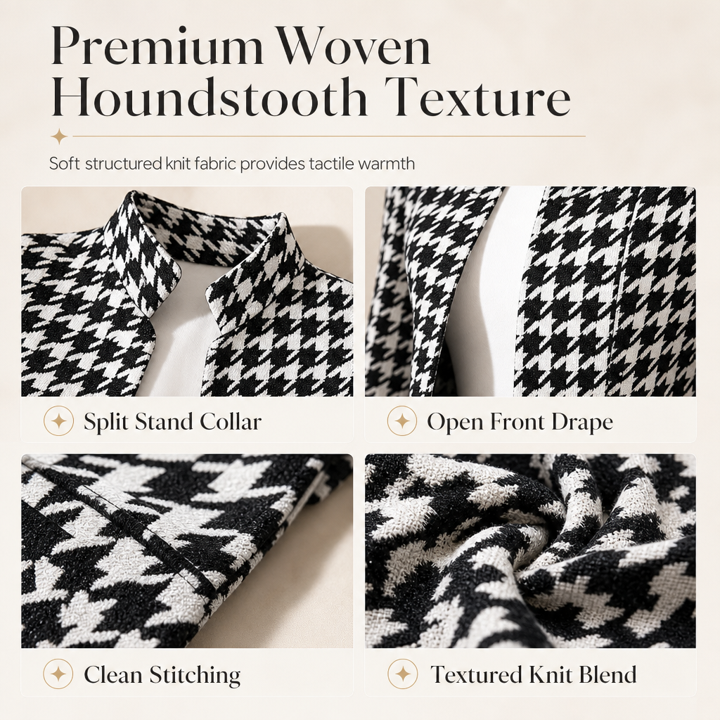 Houndstooth Open Front with Split Stand Collar and Slim Fit Design