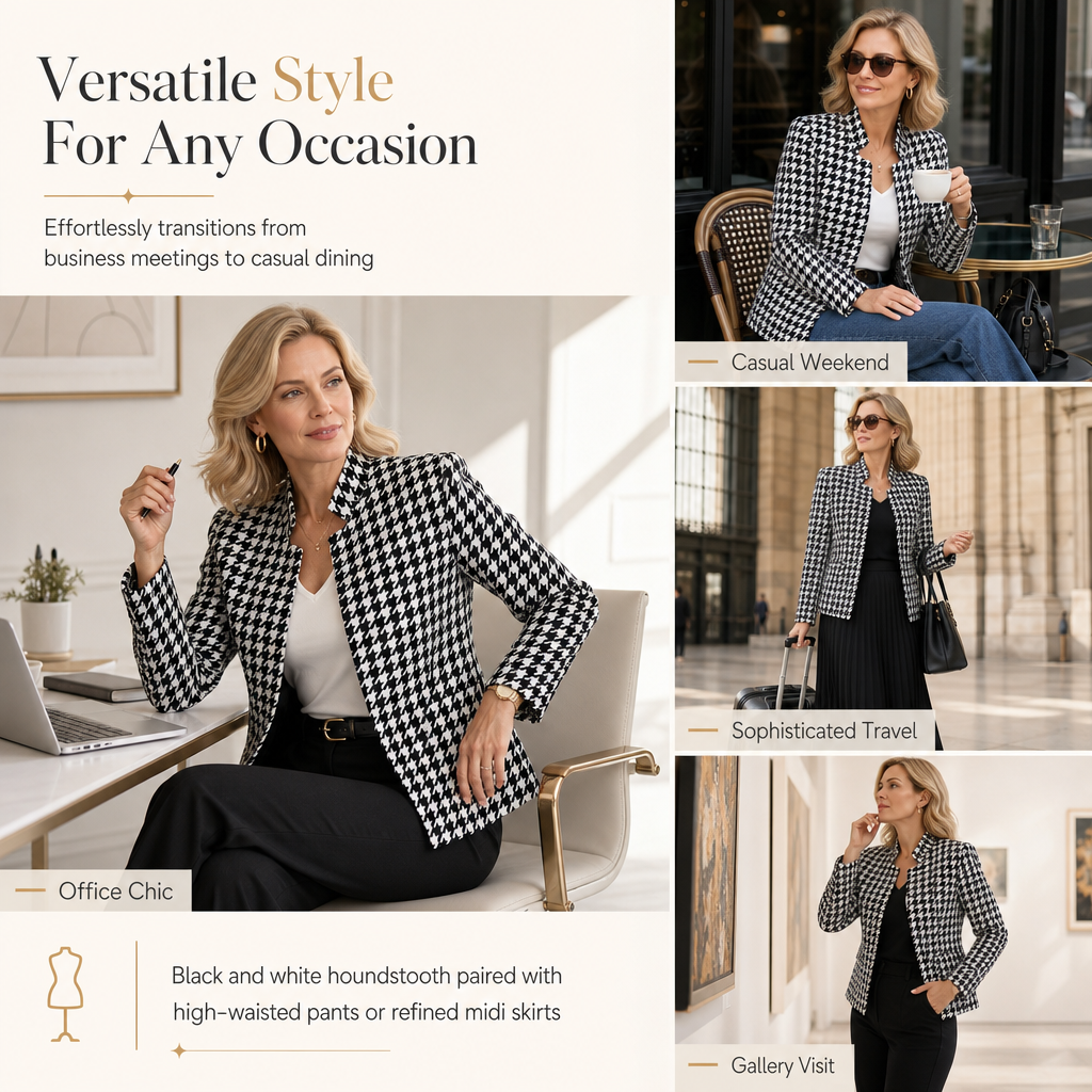 Houndstooth Open Front with Split Stand Collar and Slim Fit Design